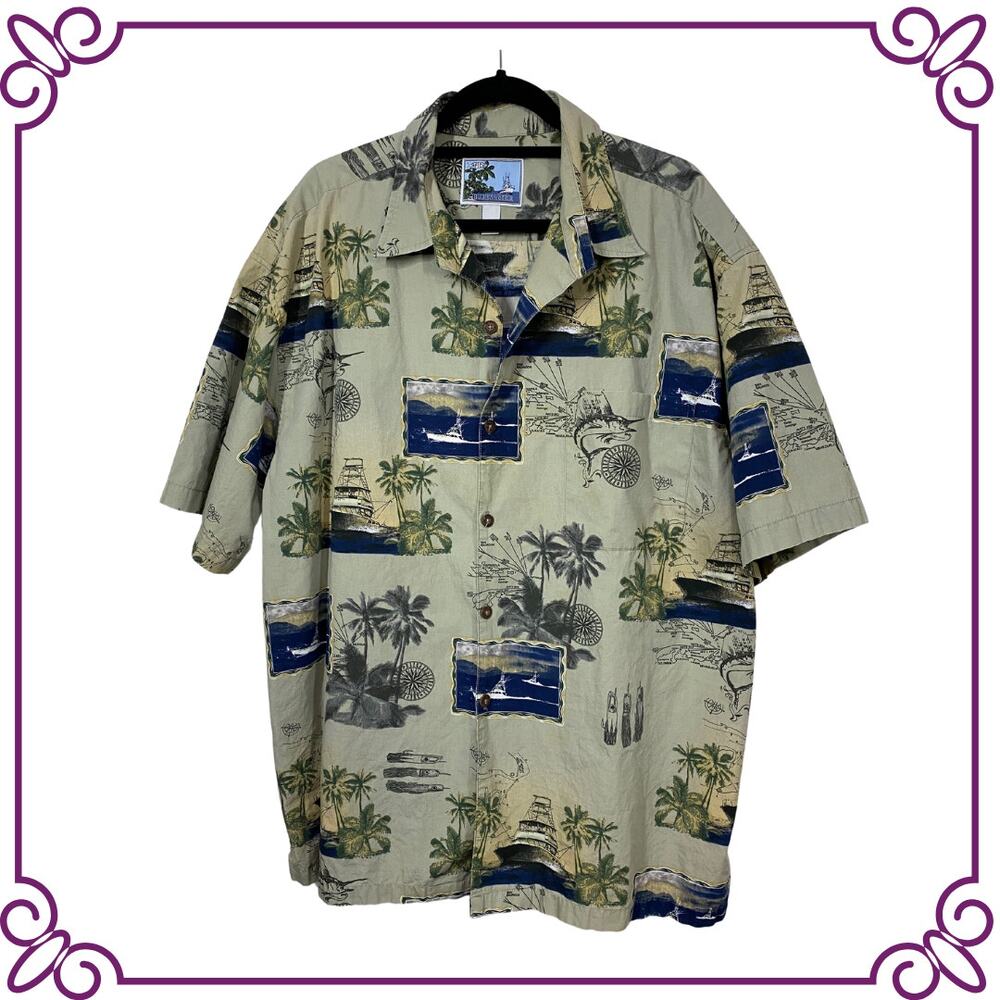 AFTCO Bluewater Tropical Hawaiian Fishing Boats Nautical Cotton Camp Shirt 2XL